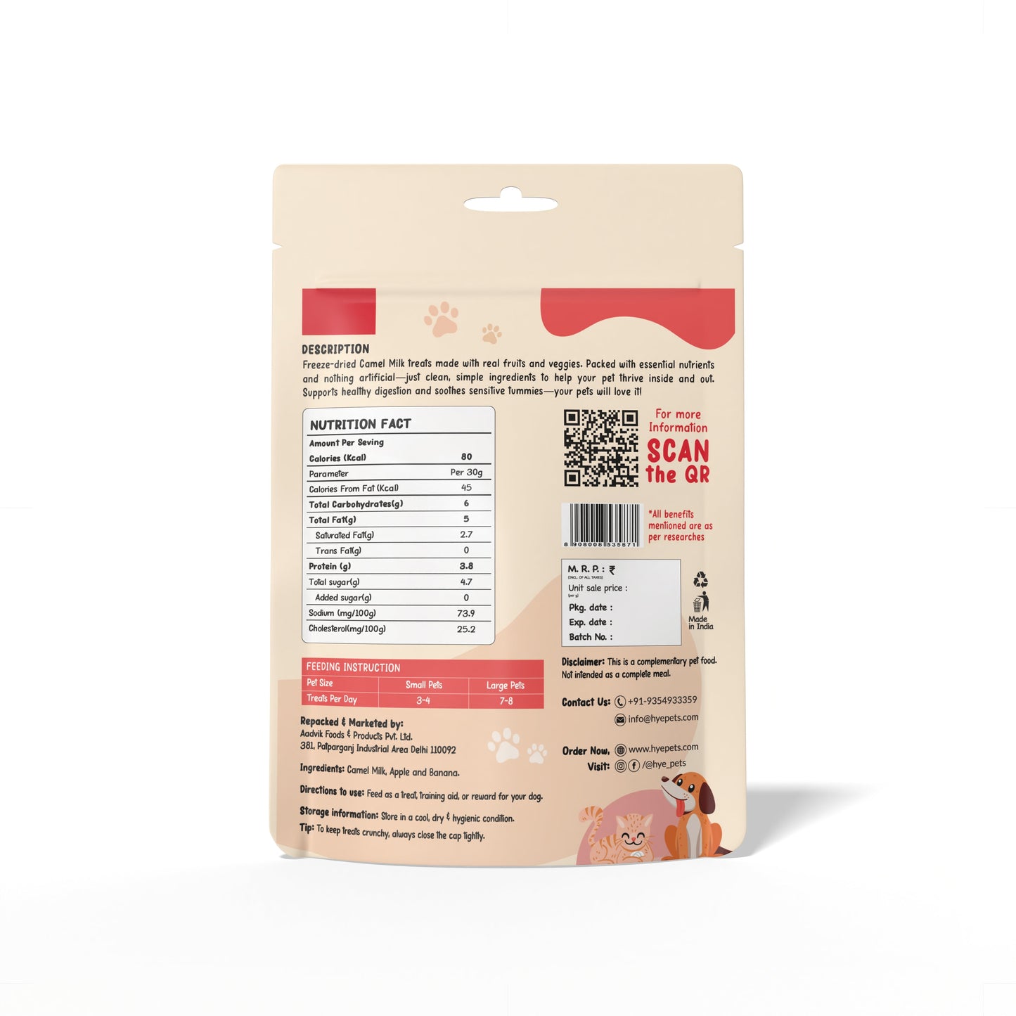 HYE Pets Freeze Dried Treats with Camel Milk, Apple and Banana for Dogs and Cats