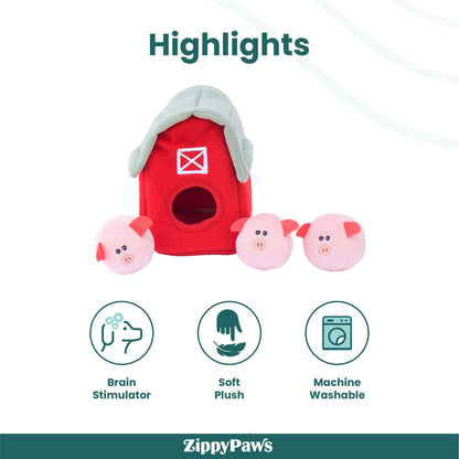 Zippy Paws Zippy Burrow with Bubble Babiez Pig Barn Plush Toy for Dogs