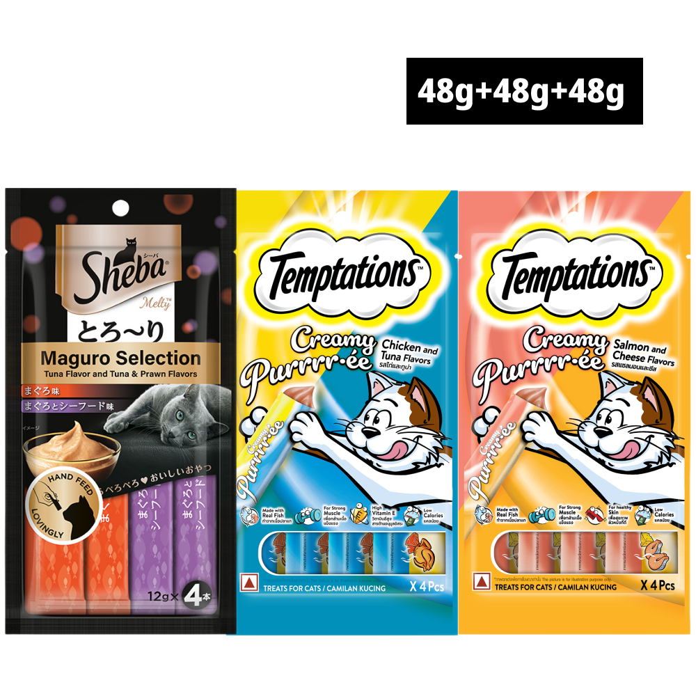 Sheba Tuna and Prawn Melty, Chicken and Tuna Creamy and Salmon and Cheese Creamy Combo Cat