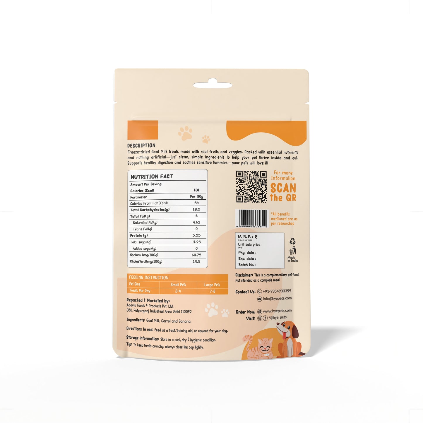 HYE Pets Freeze Dried Treats with Goat Milk, Carrot, and Banana for Dogs and Cats