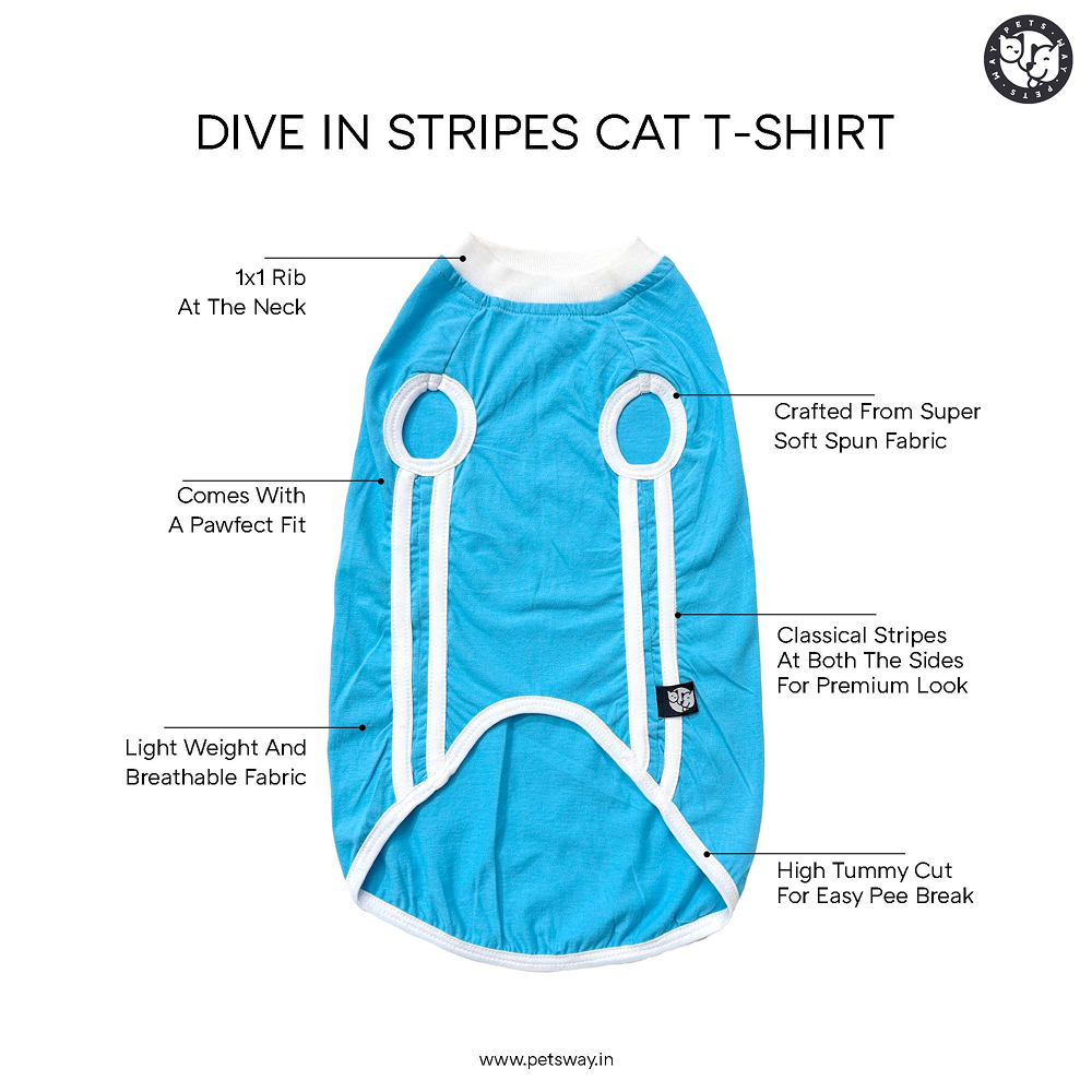 Pets Way Dive In Stripes Tshirt for Cat (Ocean)