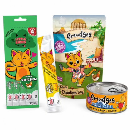 Smudges Tuna Flakes with Shrimp & Pumpkin and Ocean Fish & Salmon and Chicken & Cheese and Chicken Adult Cat Treats & Wet Food