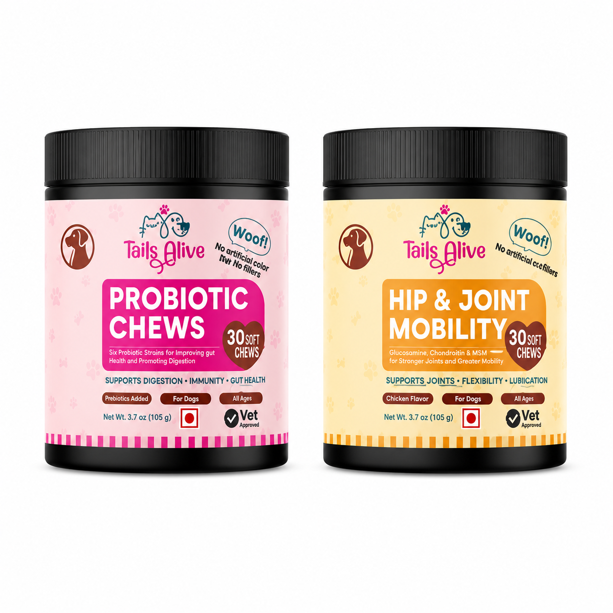 TailsAlive Hip & Joint, Probiotic Chicken Chews Comfort & Mobility Combo for Senior Dogs