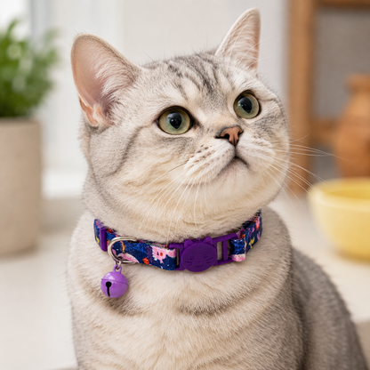 Talking Dog Club Everyday Collar with Sea Horse Bell for Cats (Navy/Purple)