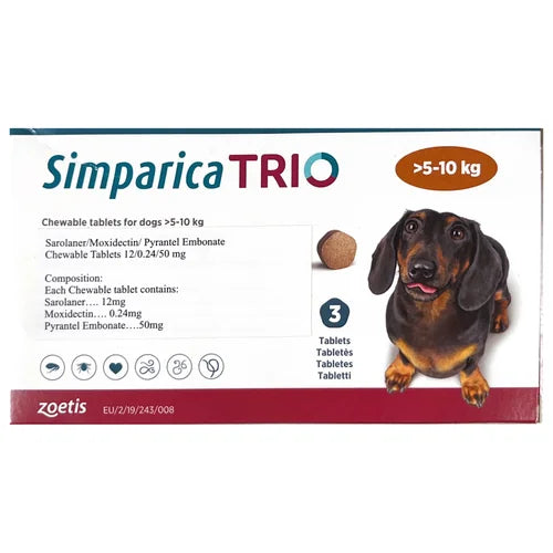 Zoetis Simparica Trio (Sarolaner) Tick & Flea Control Tablet for (5 to 10 kg) Dogs (3 tablets)