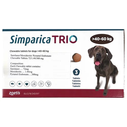 Zoetis Simparica Trio (Sarolaner) Tick & Flea Control Tablet for (40 to 60kg) Dogs (3 tablets)