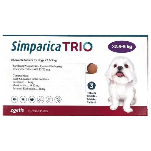 Zoetis Simparica Trio (Sarolaner) Tick & Flea Control Tablet for (2.5 to 5 kg) Dogs (3 tablets)