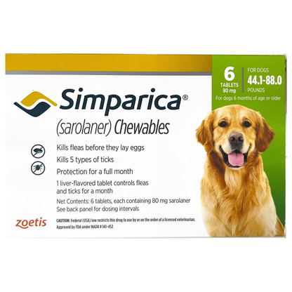 Zoetis Simparica (Sarolaner) Tick & Flea Control Tablet for (20 to 40 kg) Dogs (6 tablets)