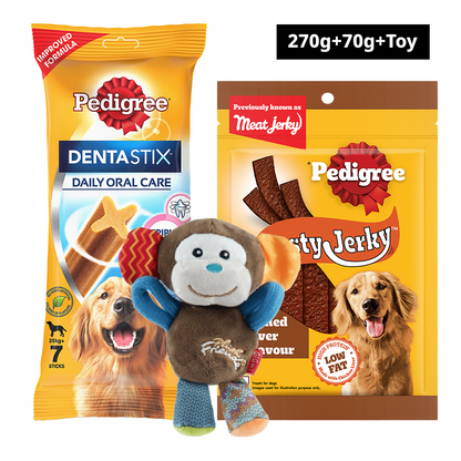 Pedigree Dentastix and Grilled Liver Treats with GiGwi Monkey Plush Toy Combo for Dogs