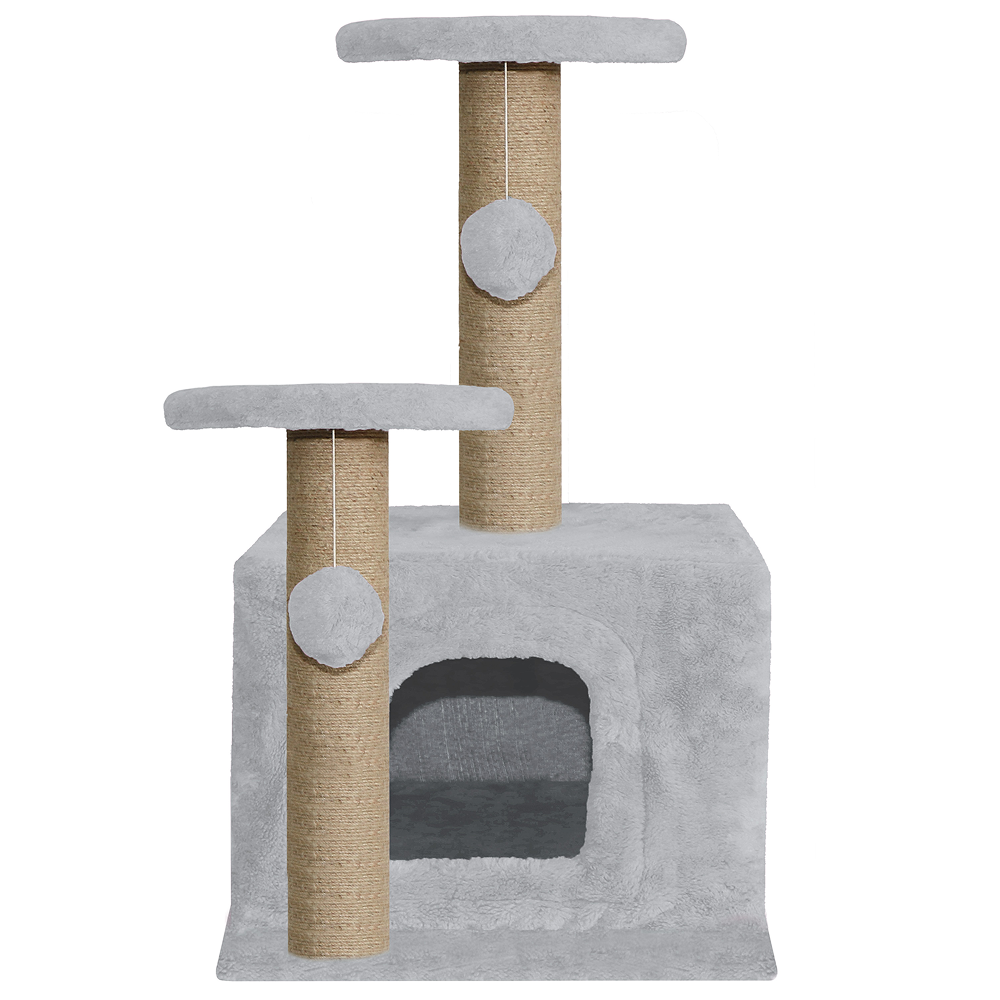 Furrlovers Soft Fur Activity Cat Tree with Natural Sisal Rope, Condo, Sisal Scratching Post & Hanging Ball Toys for Cats and Kittens (Grey)