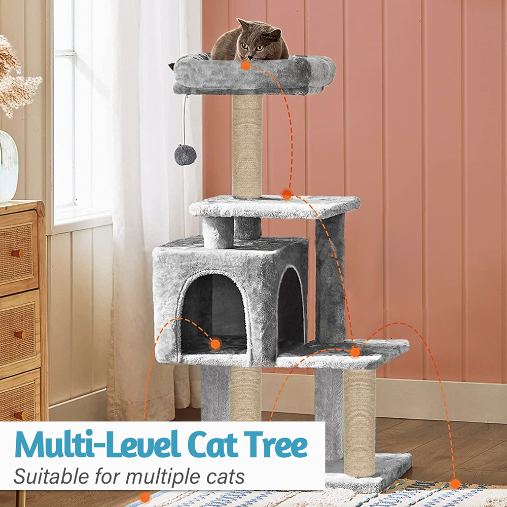 Furrlovers Plush Cat Scratching Post & Activity Tree with Hammock, Condo & Sisal Rope (Grey)