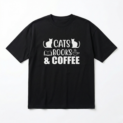 Seek Buy Love Cats Books Coffee Oversized Tee (Black)