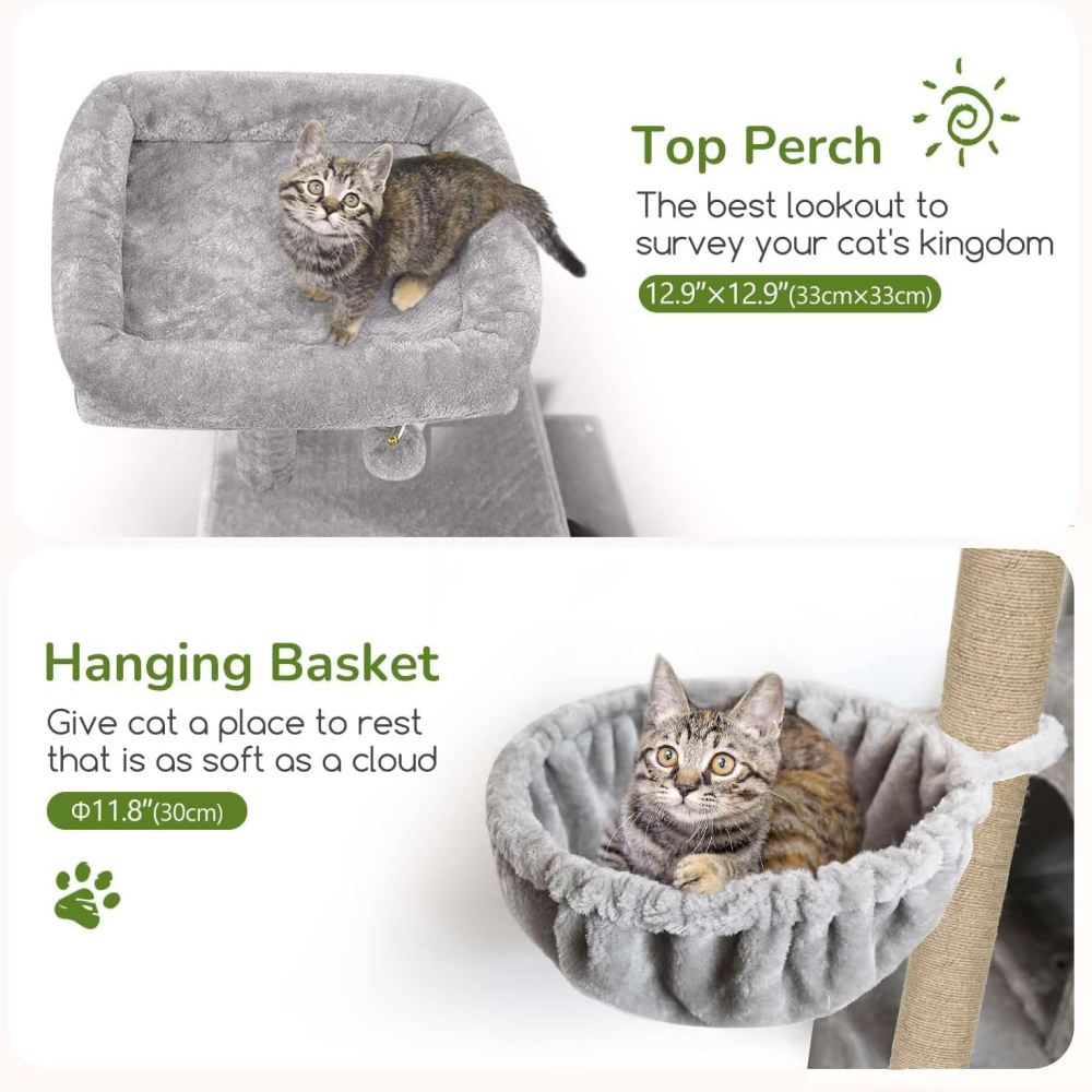 Furrlovers Multilevel Plush Cat Tree with Condo, Hammock & Jute Rope Scratching Posts (Grey)