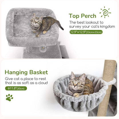 Furrlovers Multilevel Plush Cat Tree with Condo, Hammock & Jute Rope Scratching Posts (Grey)