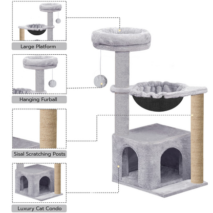 Furrlovers Cat Condo Activity Tree with Jute Scratcher, Hammock & Ball Toy (Grey)
