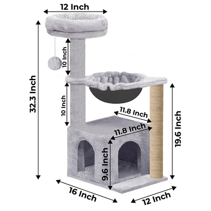 Furrlovers Cat Condo Activity Tree with Jute Scratcher, Hammock & Ball Toy (Grey)