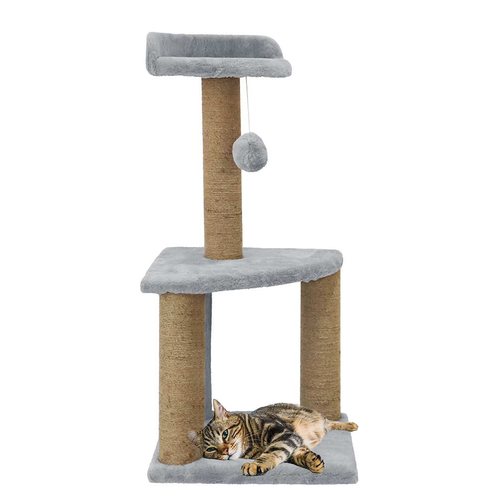 Furrlovers Two Floor Soft Fur Activity Cat Tree for Kittens & Cats with Scratching Post, Natural Sisal Rope & Hanging Ball (Grey)