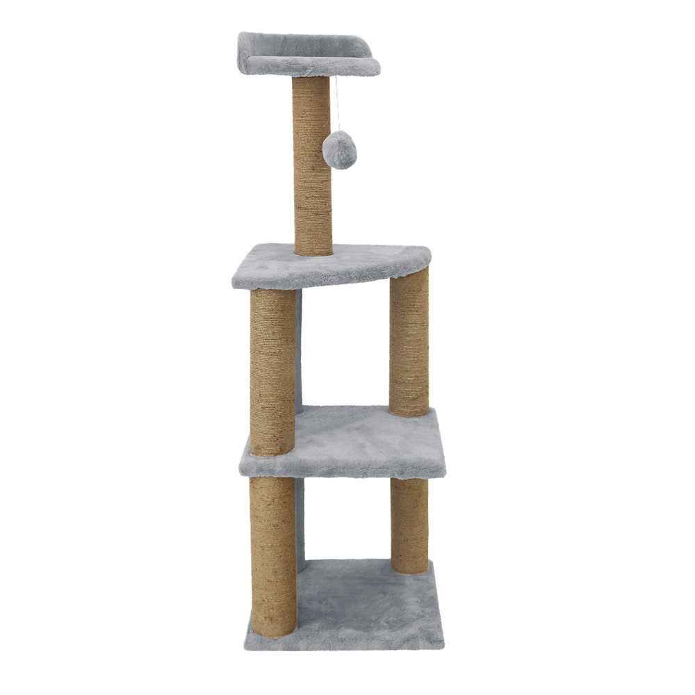 Furrlovers Three Floor Soft Fur Activity Cat Tree for Kittens & Cats with Scratching Post, Natural Sisal Rope & Hanging Ball (Grey)