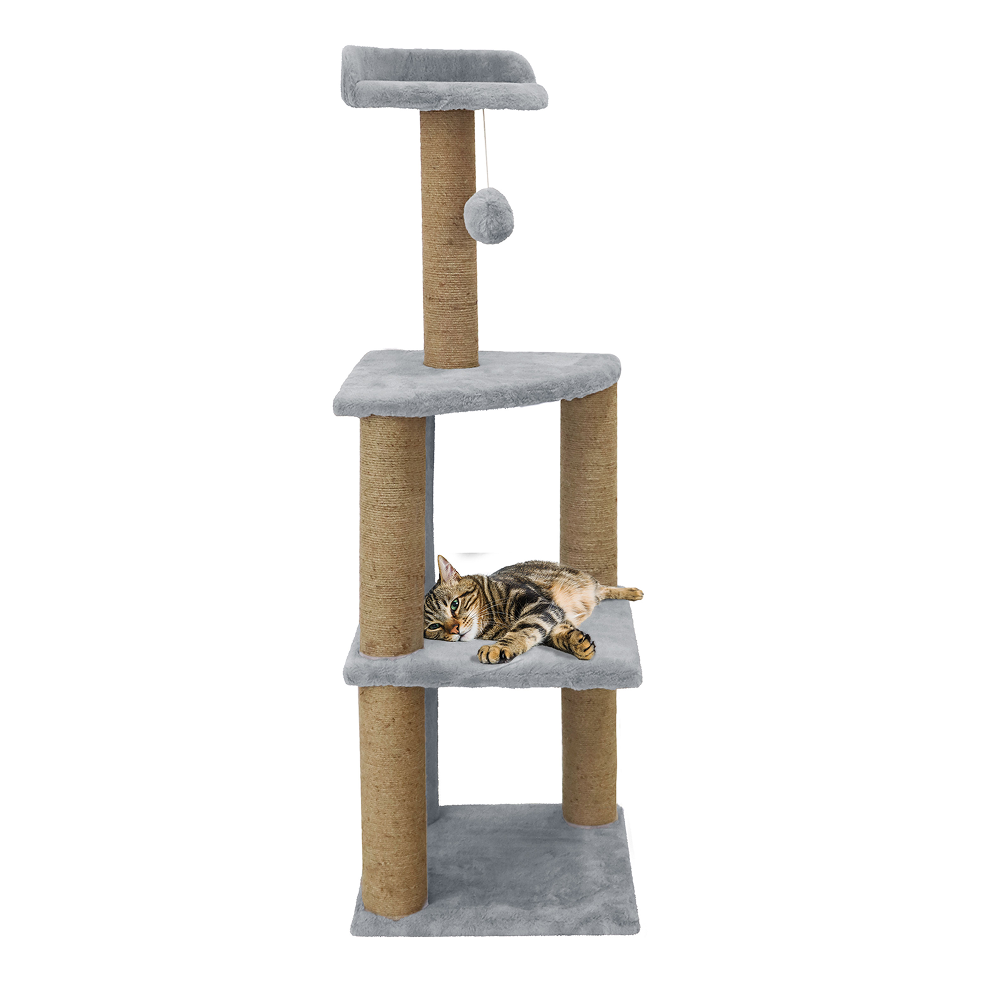 Furrlovers Three Floor Soft Fur Activity Cat Tree for Kittens & Cats with Scratching Post, Natural Sisal Rope & Hanging Ball (Grey)