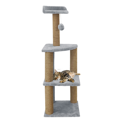 Furrlovers Three Floor Soft Fur Activity Cat Tree for Kittens & Cats with Scratching Post, Natural Sisal Rope & Hanging Ball (Grey)