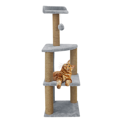 Furrlovers Three Floor Soft Fur Activity Cat Tree for Kittens & Cats with Scratching Post, Natural Sisal Rope & Hanging Ball (Grey)