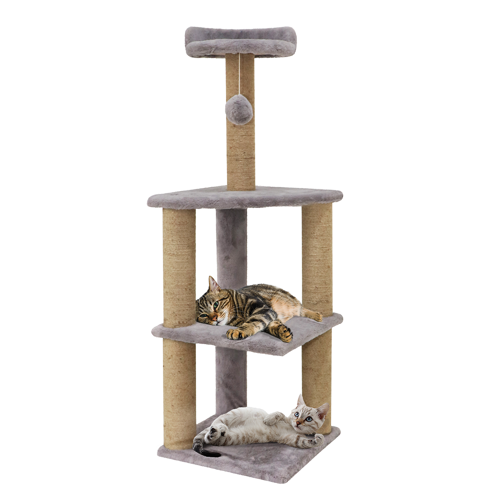 Furrlovers Three Floor Soft Fur Activity Cat Tree for Kittens & Cats with Scratching Post, Natural Sisal Rope & Hanging Ball (Grey)