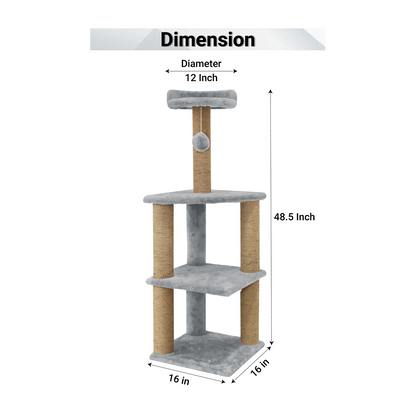 Furrlovers Three Floor Soft Fur Activity Cat Tree for Kittens & Cats with Scratching Post, Natural Sisal Rope & Hanging Ball (Grey)