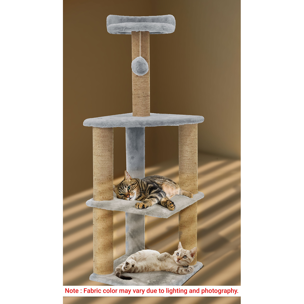 Furrlovers Three Floor Soft Fur Activity Cat Tree for Kittens & Cats with Scratching Post, Natural Sisal Rope & Hanging Ball (Grey)