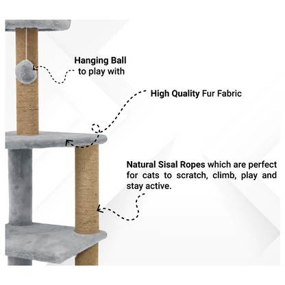 Furrlovers Three Floor Soft Fur Activity Cat Tree for Kittens & Cats with Scratching Post, Natural Sisal Rope & Hanging Ball (Grey)