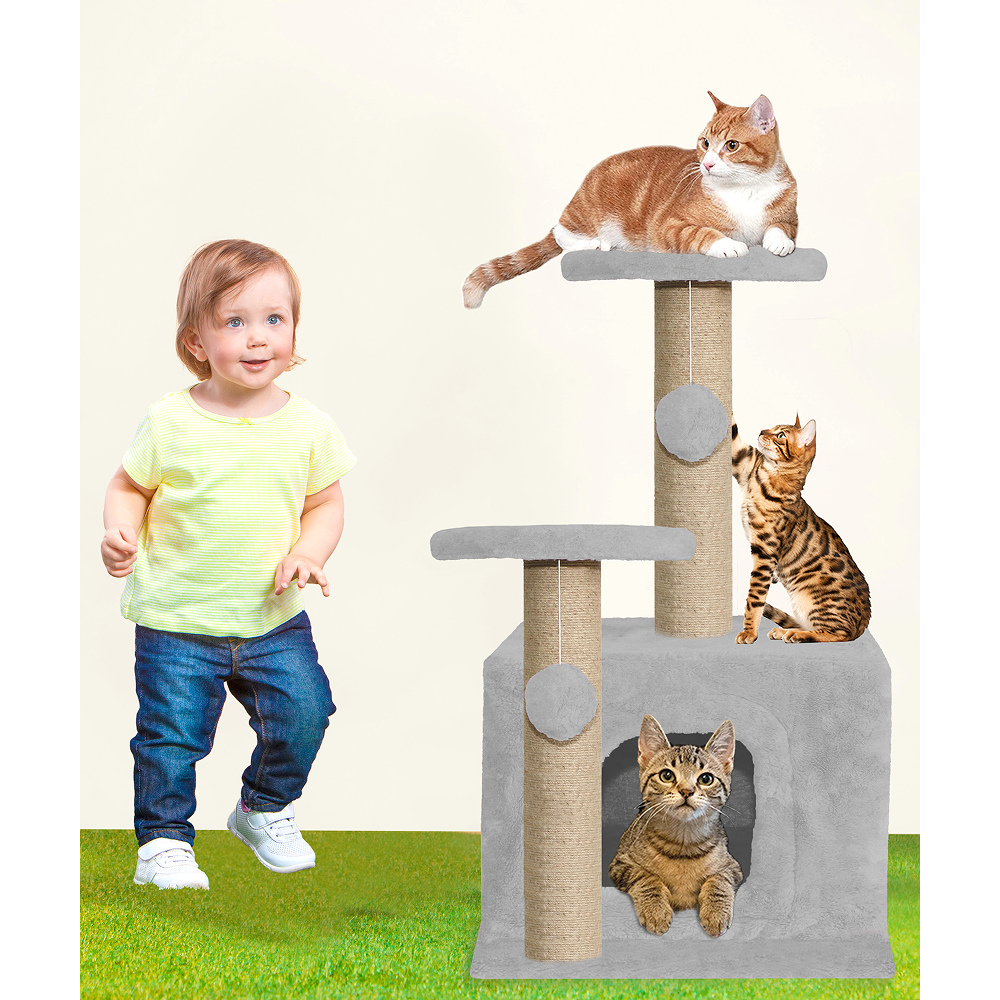 Furrlovers Soft Fur Activity Cat Tree with Natural Sisal Rope, Condo, Sisal Scratching Post & Hanging Ball Toys for Cats and Kittens (Grey)