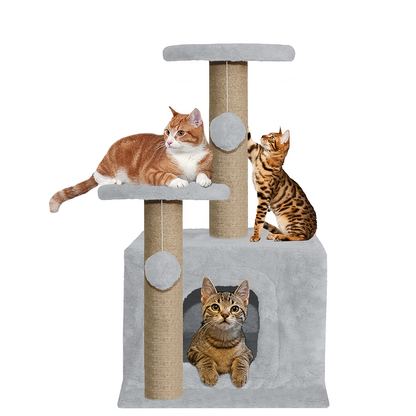 Furrlovers Soft Fur Activity Cat Tree with Natural Sisal Rope, Condo, Sisal Scratching Post & Hanging Ball Toys for Cats and Kittens (Grey)