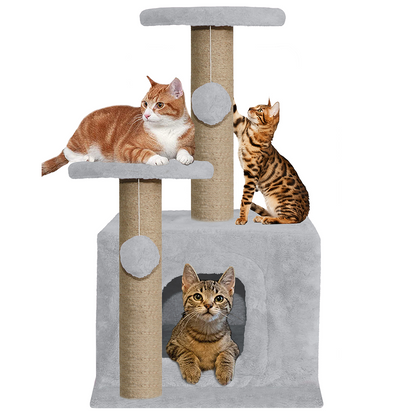 Furrlovers Soft Fur Activity Cat Tree with Natural Sisal Rope, Condo, Sisal Scratching Post & Hanging Ball Toys for Cats and Kittens (Grey)