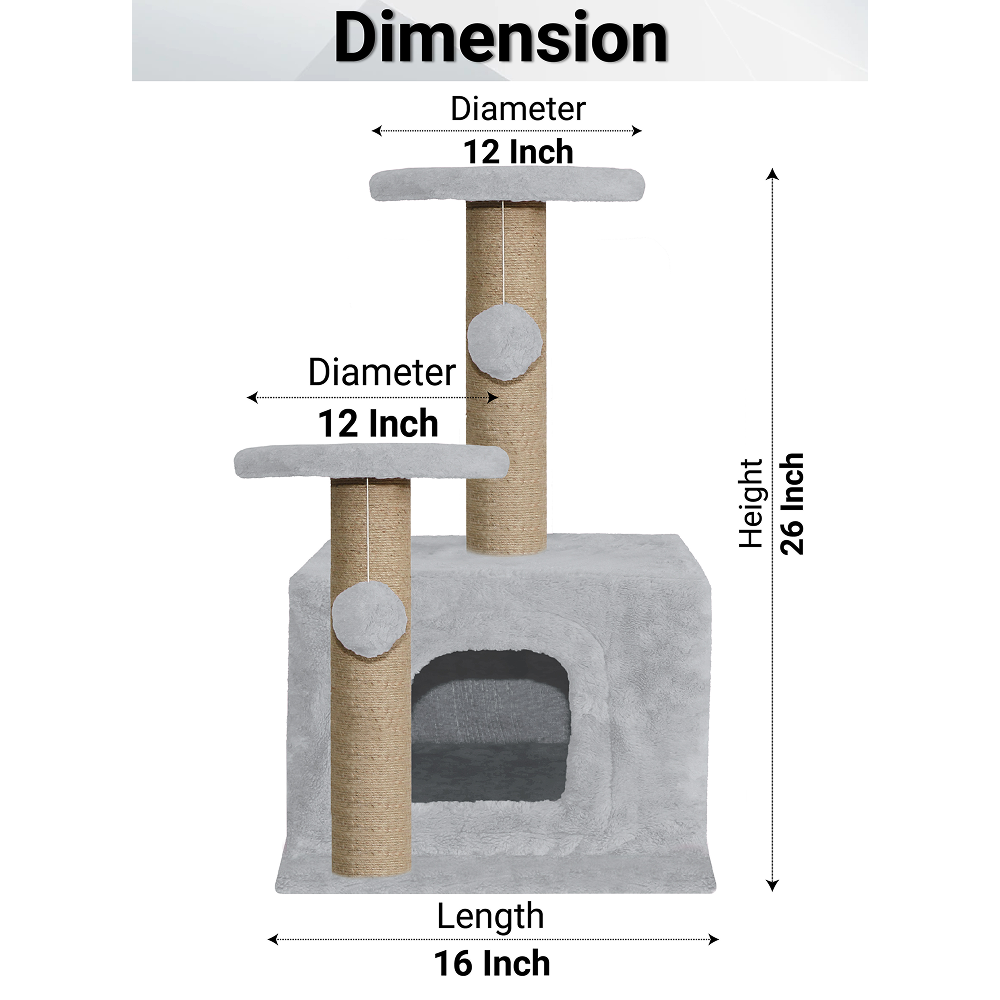 Furrlovers Soft Fur Activity Cat Tree with Natural Sisal Rope, Condo, Sisal Scratching Post & Hanging Ball Toys for Cats and Kittens (Grey)
