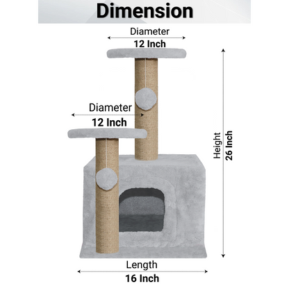 Furrlovers Soft Fur Activity Cat Tree with Natural Sisal Rope, Condo, Sisal Scratching Post & Hanging Ball Toys for Cats and Kittens (Grey)