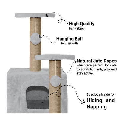 Furrlovers Soft Fur Activity Cat Tree with Natural Sisal Rope, Condo, Sisal Scratching Post & Hanging Ball Toys for Cats and Kittens (Grey)