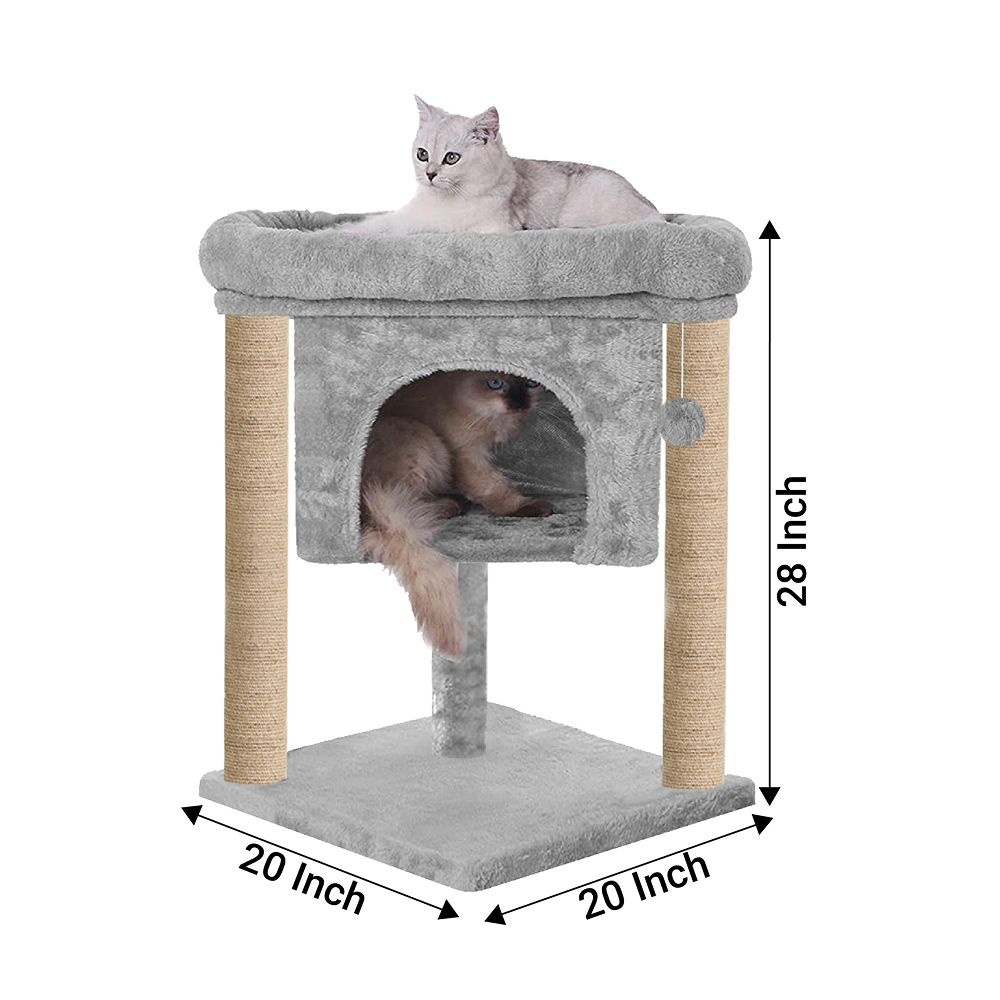 Furrlovers Cat & Kitten Scratching Post Activity Tree with Plush Fur, Jute Rope & Detachable Bed (Grey)