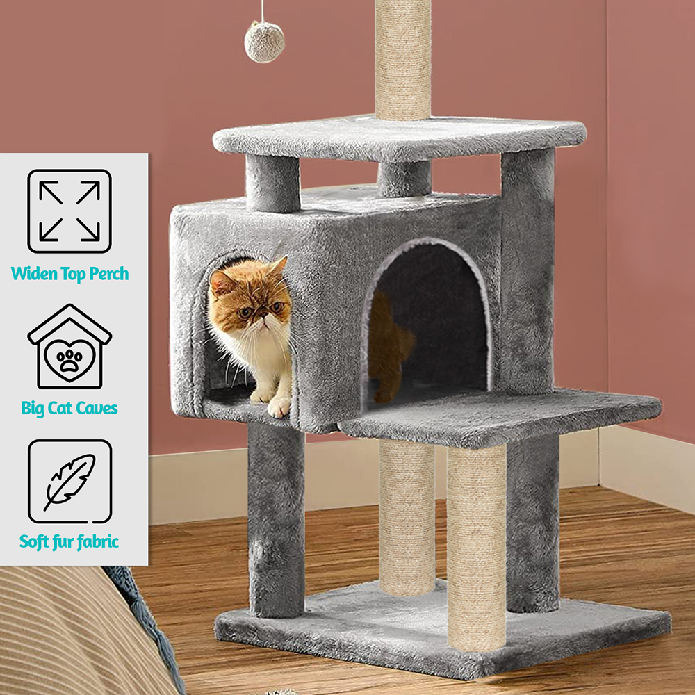 Furrlovers Plush Cat Scratching Post & Activity Tree with Hammock, Condo & Sisal Rope (Grey)