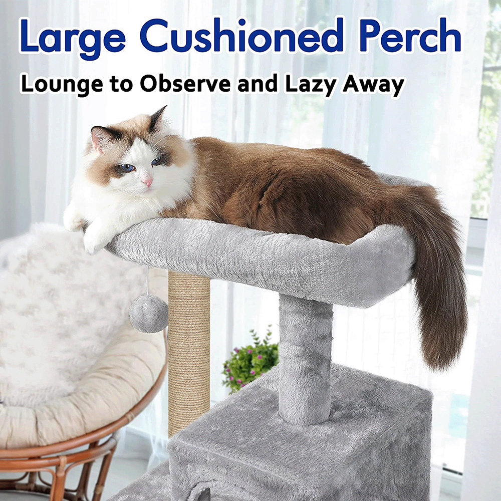 Furrlovers Plush Fabric Cat Tree with Top Bed, Hammock & Jute Rope Scratching Posts (Grey)