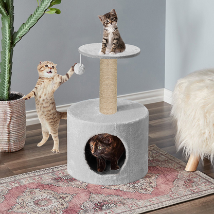 Furrlovers Plush Fur Cat Tree Condo with Jute Rope & Hanging Ball (Grey)