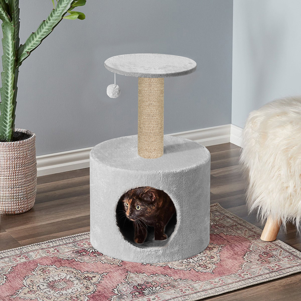 Furrlovers Plush Fur Cat Tree Condo with Jute Rope & Hanging Ball (Grey)