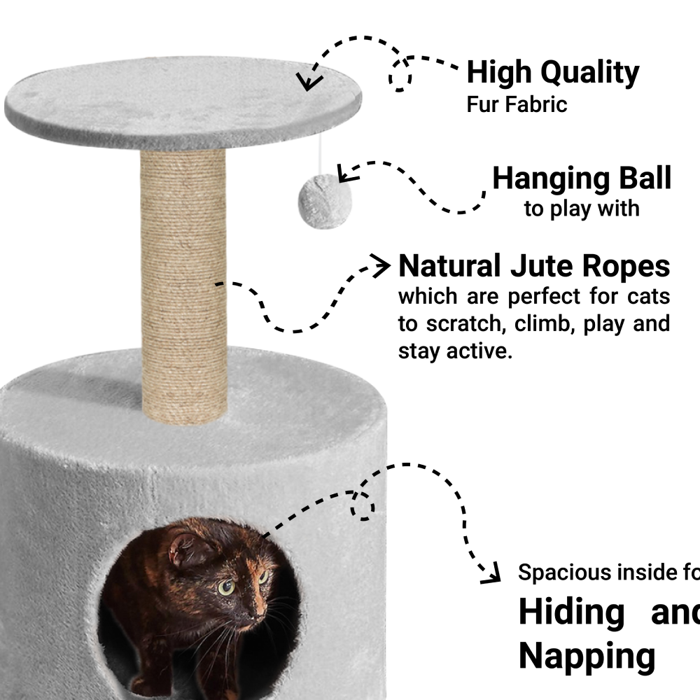 Furrlovers Plush Fur Cat Tree Condo with Jute Rope & Hanging Ball (Grey)