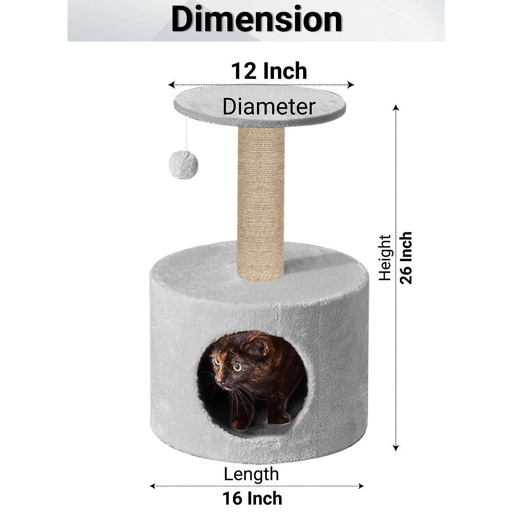Furrlovers Plush Fur Cat Tree Condo with Jute Rope & Hanging Ball (Grey)