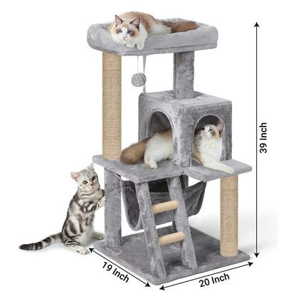 Furrlovers Plush Fabric Cat Tree with Top Bed, Hammock & Jute Rope Scratching Posts (Grey)
