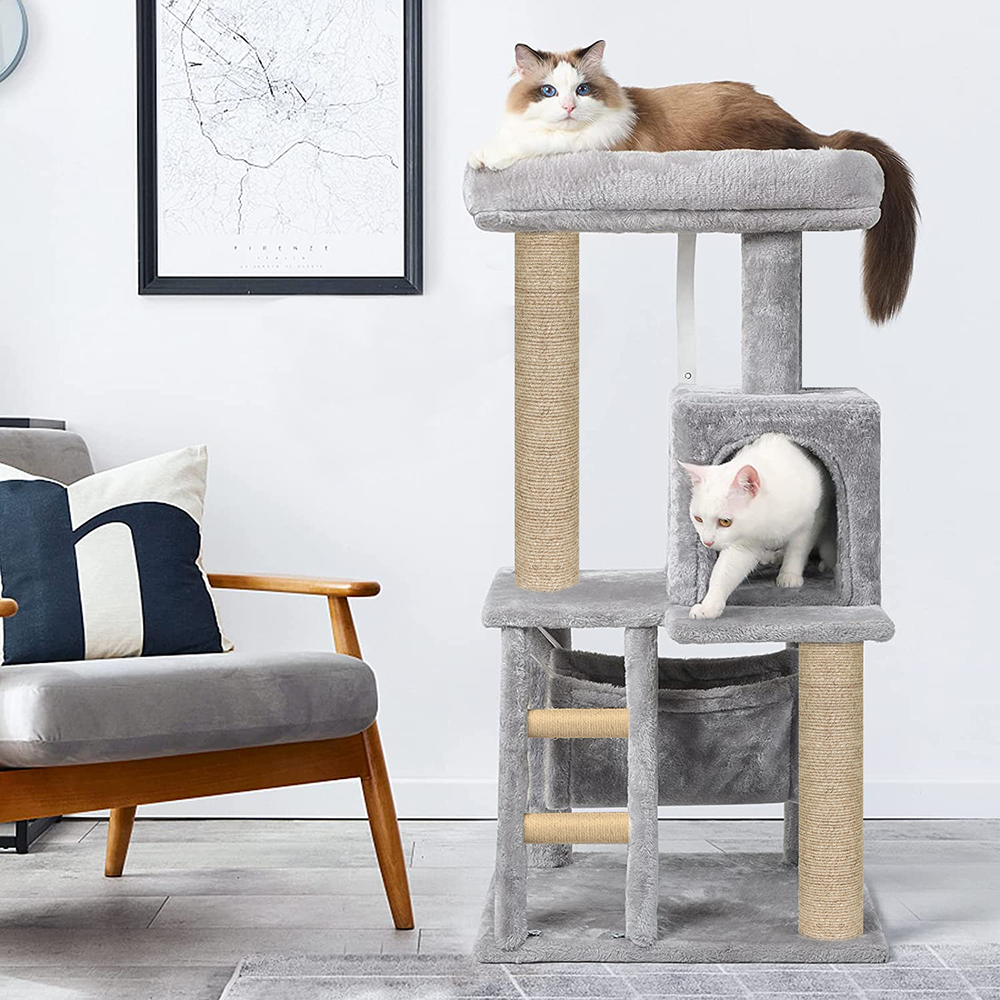 Furrlovers Plush Fabric Cat Tree with Top Bed, Hammock & Jute Rope Scratching Posts (Grey)