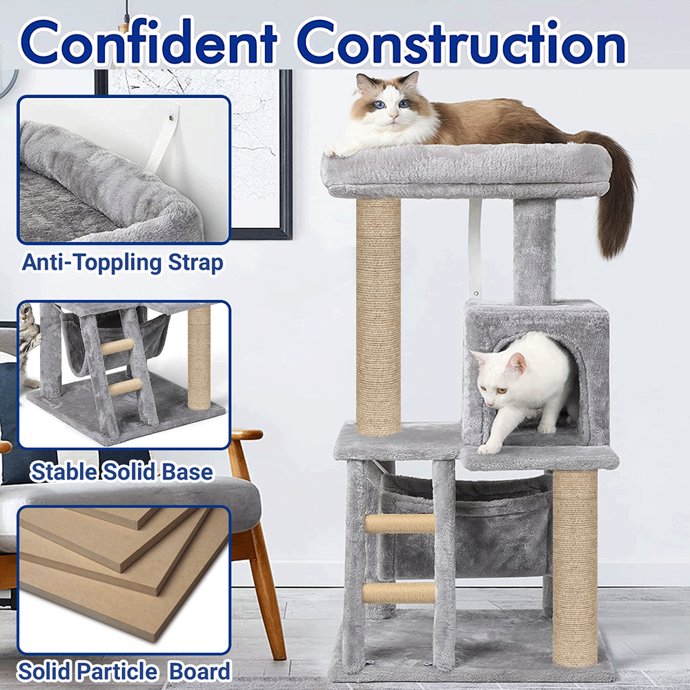 Furrlovers Plush Fabric Cat Tree with Top Bed, Hammock & Jute Rope Scratching Posts (Grey)