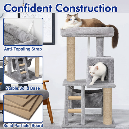 Furrlovers Plush Fabric Cat Tree with Top Bed, Hammock & Jute Rope Scratching Posts (Grey)