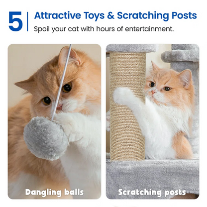 Furrlovers Multilevel Fur Fabric Cat Tree with Condos, Hanging Ball & Jute Rope Scratching Posts (Grey)