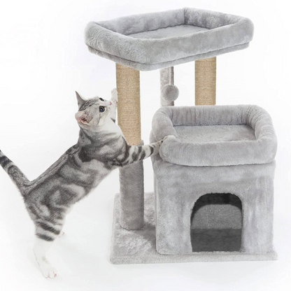 Furrlovers Plush Cat Tree with Scratching Post, Bed & Toy (Grey)