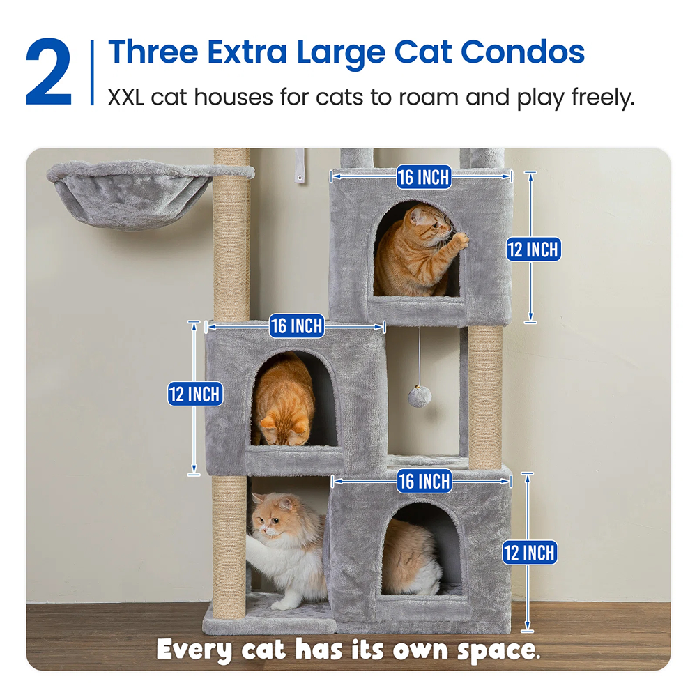 Furrlovers Multilevel Fur Fabric Cat Tree with Condos, Hanging Ball & Jute Rope Scratching Posts (Grey)