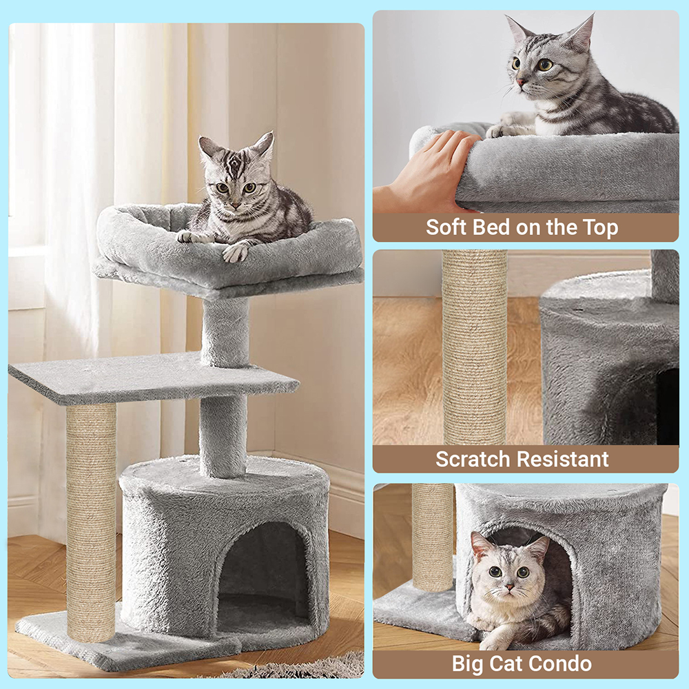 Furrlovers Multilevel Tree with Jute Rope Scratching Post and Fur Fabric Condo for Cats (Grey)